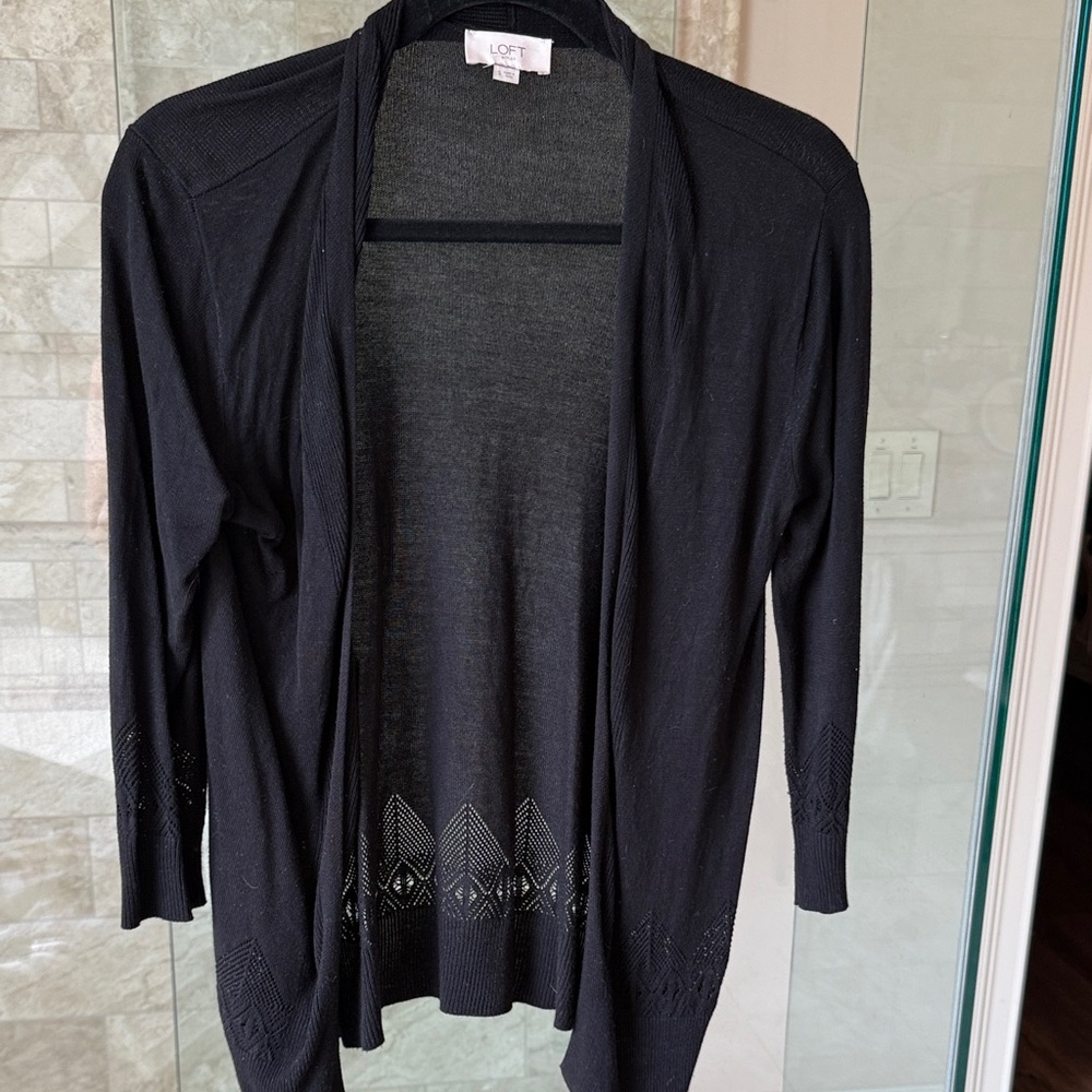 LOFT Black Open Cardigan with Geometric Detail